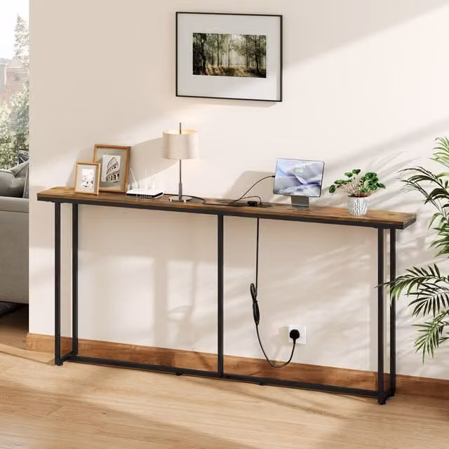 Yaheetech Modern Long Console Table with Power Station in Brown