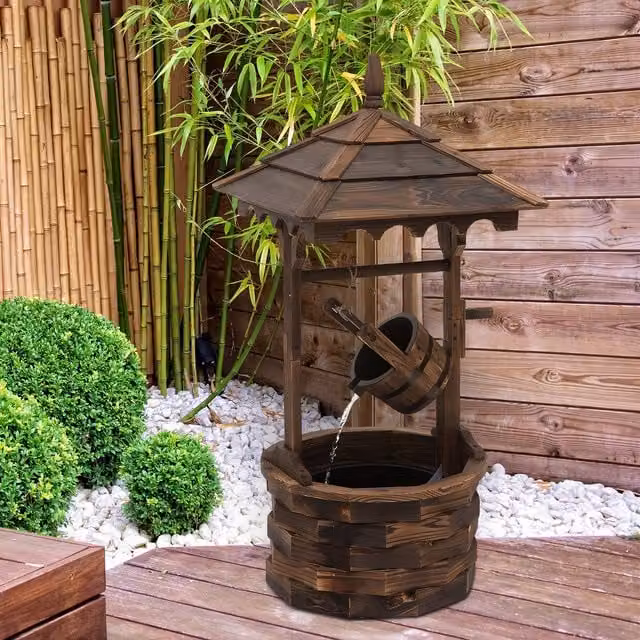 Outsunny Rustic Wooden Barrel Well Garden Fountain in Brown