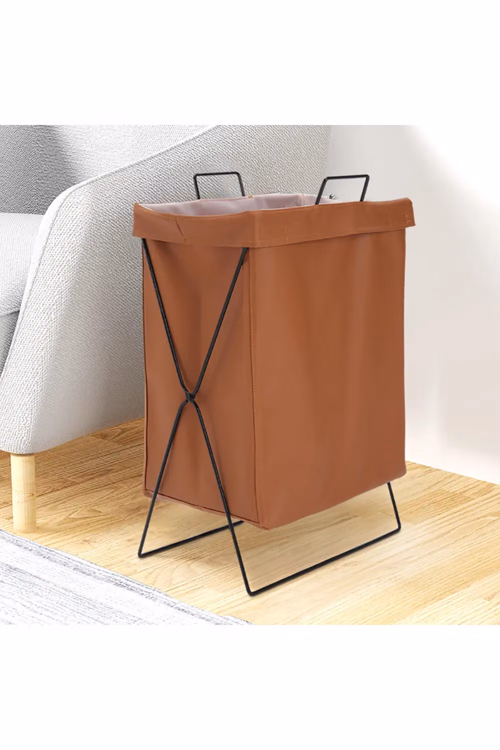 Living and Home Collapsible PU Leather Laundry Hamper with Metal Frame, Brown – 2