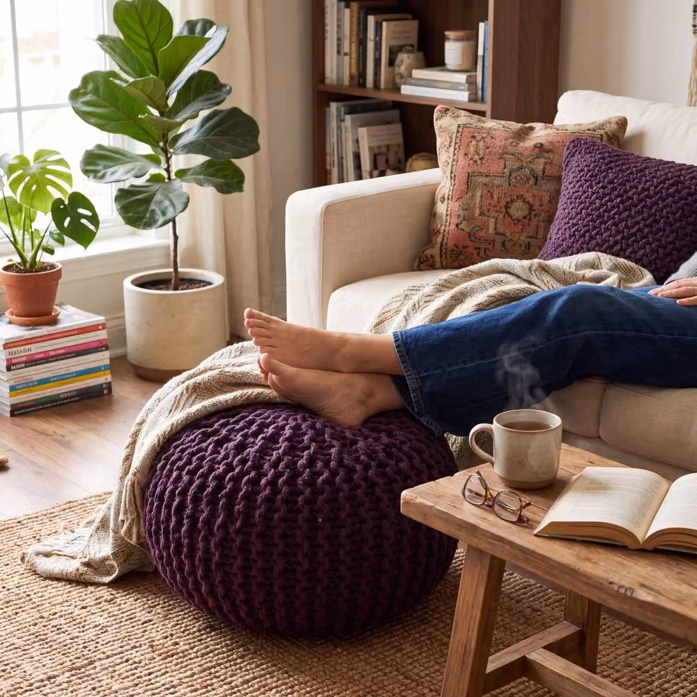Bravich LTD Chunky Knitted Cotton Round Pouffe Footstool in Purple, Diameter: 50 cm – 4