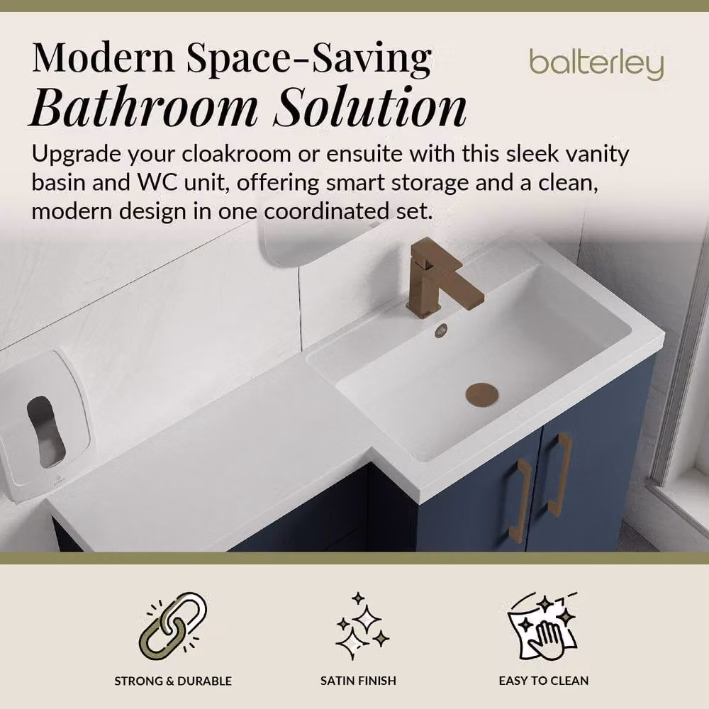 Balterley Blue Modern Right-Hand Vanity and WC Unit Combination with Brushed Bronze Details, W: 110 cm, H: 84 cm – 2