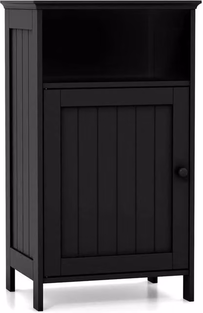 Kelvenix Modern Black Lacquered Wooden Freestanding Bathroom Floor Cabinet with Internal Shelves and Open Shelf – 1