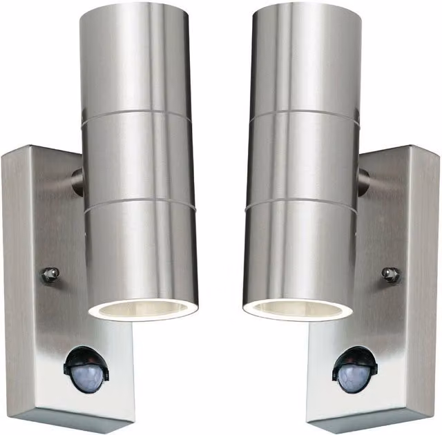 Loops 2 Pack IP44 Outdoor Stainless Steel Up and Down Wall Lamp with PIR Motion Sensor and Timer in Silver
