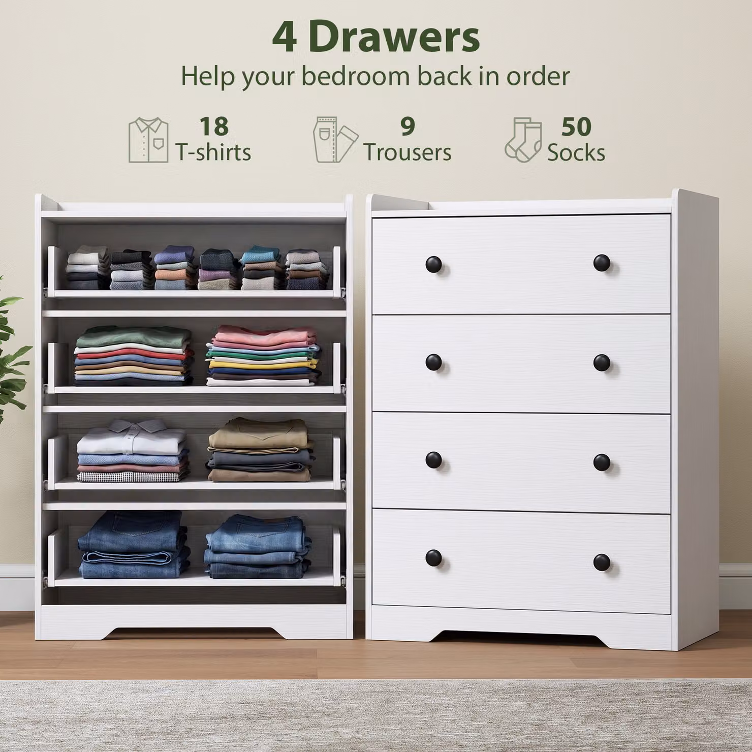 HOMCOM 4 Drawer Chest of Drawers, Modern White Wood Effect Dresser for Bedroom or Living Room – 2
