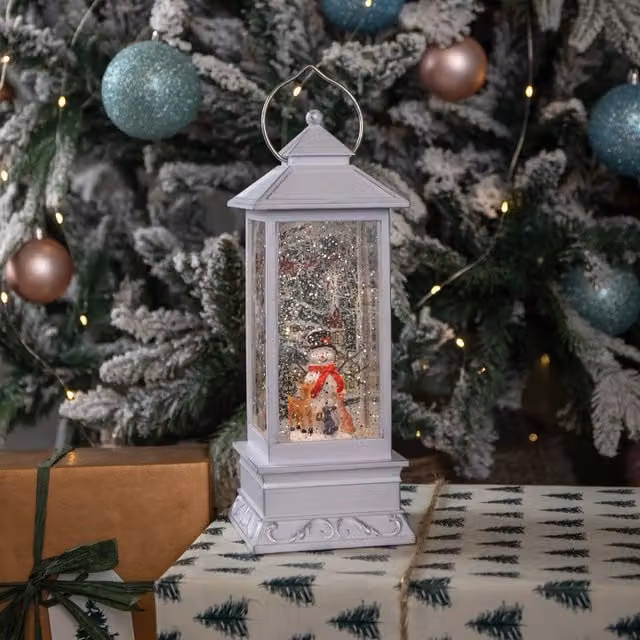Snowtime Antique Effect Christmas Water Spinner Lantern with Snowman and Animal Scene, White and Silver, Height: 31 cm – 1