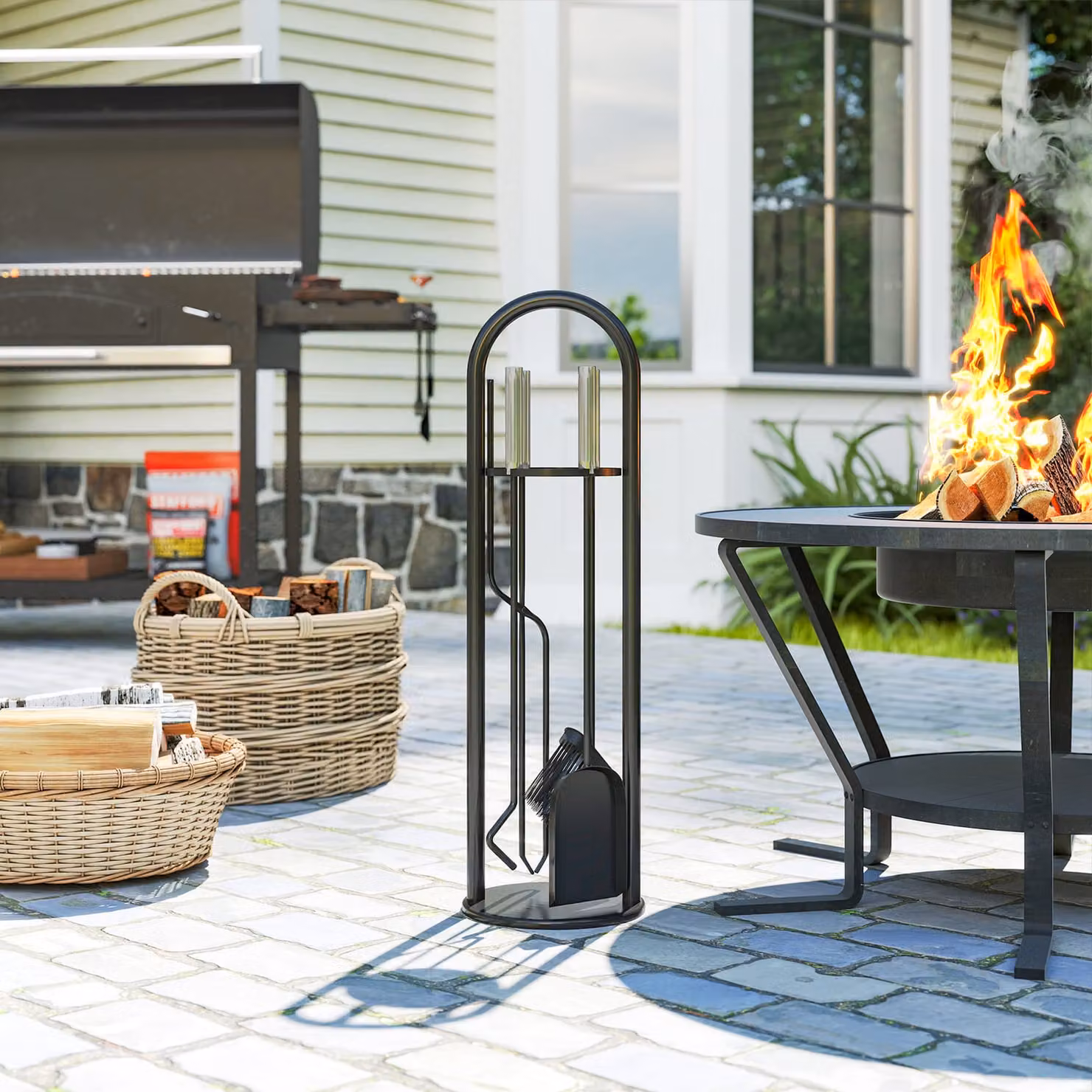 Outsunny 5 Piece Black Metal Fireplace Companion Set with Broom, Shovel, Poker, Tongs and Stand – 2