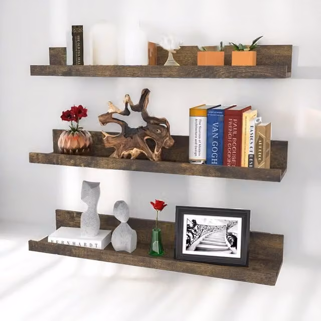 Rafaelo Mobilia Set of 3 Industrial Rustic Brown Wall Mounted Wood Shelves – 1