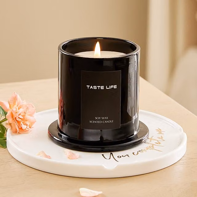 Livingandhome Minimalist Black Glass Round Tabletop Scented Candle