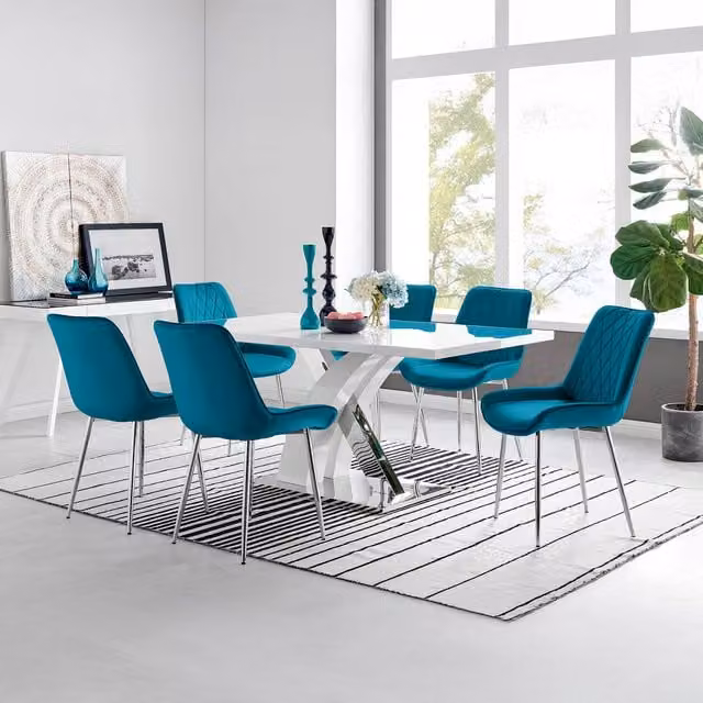 FurnitureboxUK Atlanta 6 White Dining Table and 6 Pesaro Blue Upholstered Chairs with Silver Legs