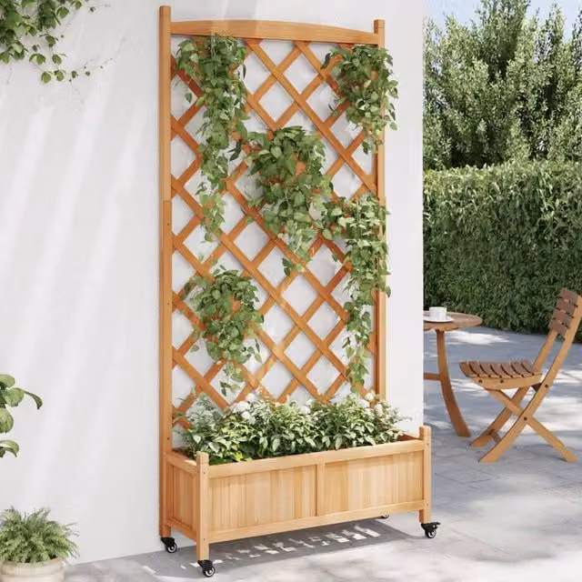 Berkfield Home Brown Solid Wood Fir Planter with Trellis and Wheels – 1