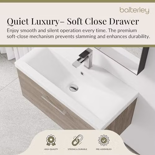 Balterley Wall Hung Single Drawer Vanity Unit with Basin in Woodgrain Grey, W/D/H: 81.0 x 39.0 x 39.9 cm – 3