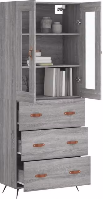 Berkfield Home Grey Sonoma Highboard with Glass Doors and Internal Shelves, W/D/H: 69.5 x 34 x 180 cm