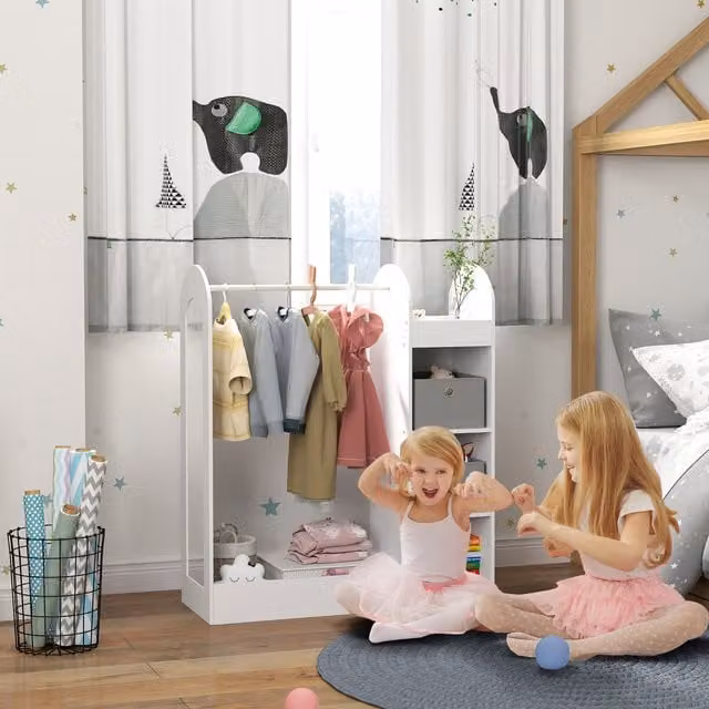 AIYAPLAY Kids Clothes Rail with Storage Shelves and Mirror in White