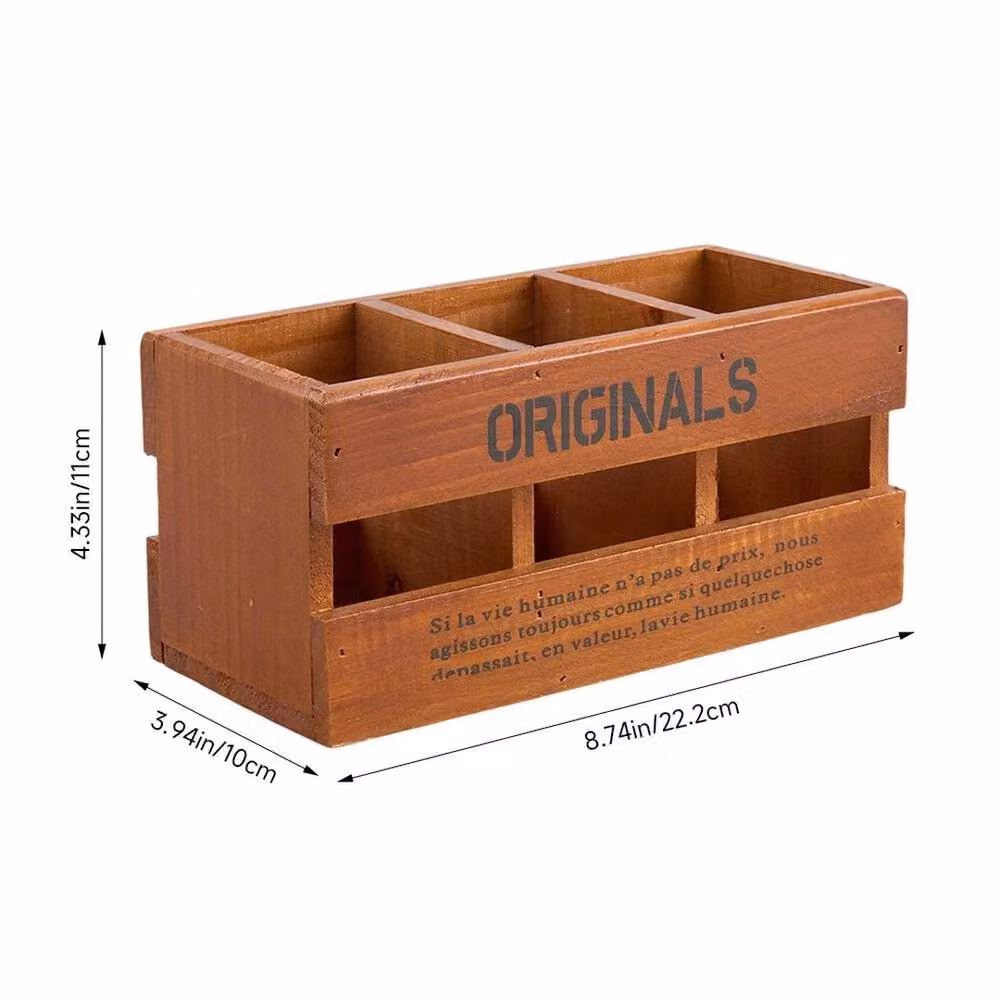 EONLION A Multi-Compartment Wooden Desktop Pen and Pencil Holder in Brown – 2