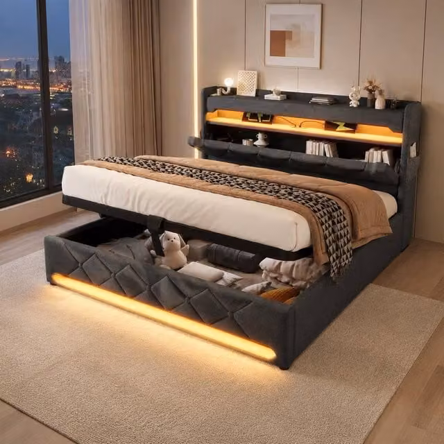 STILVORA Upholstered Double Bed in Grey with Storage, LED Lighting and USB Charging Ports, W/D/H: 140 x 200 x 137 cm – 1