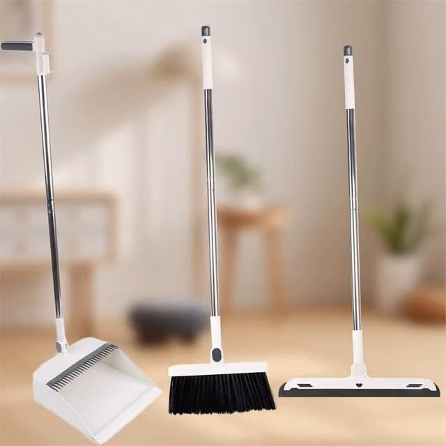 SPETLEK Long Handled Dustpan and Brush Set with Metal Handle in White, Blue and Multicolour – 1