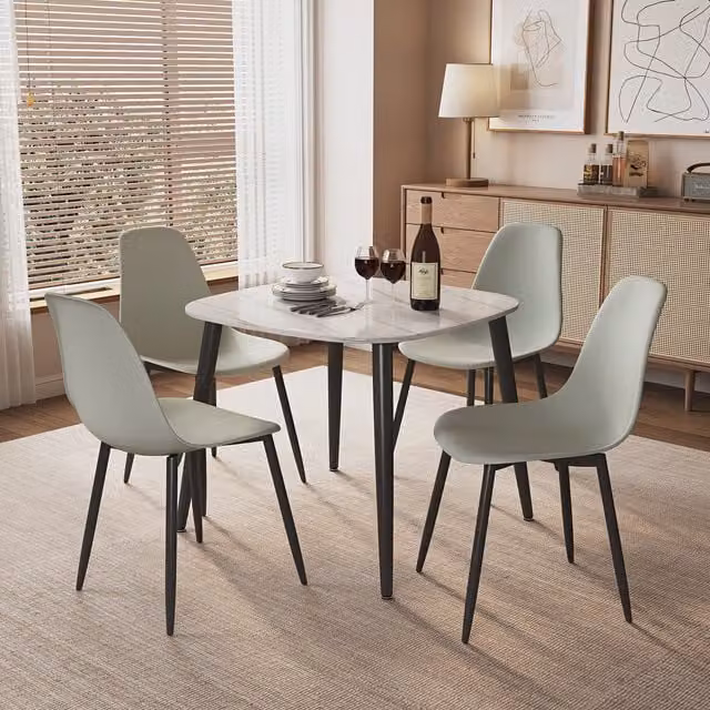 Aspen Gloss White Sintered Stone Square Dining Table and 4 Curve Chair Set in Grey