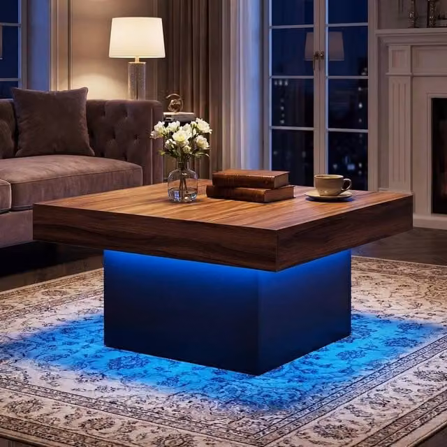 SPETLEK Square Modern Coffee Table with LED Lights in Brown – 1