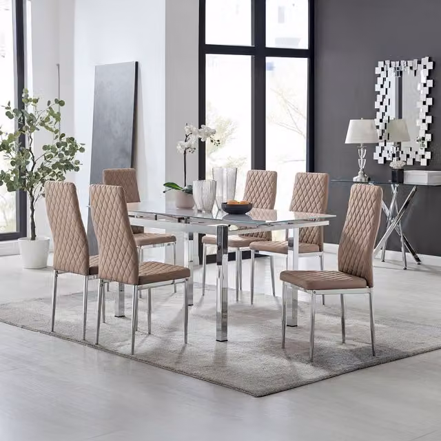 Furniturebox Enna White Glass Extending Modern Kitchen Dining Table and 6 Milan Chairs in Cappuccino