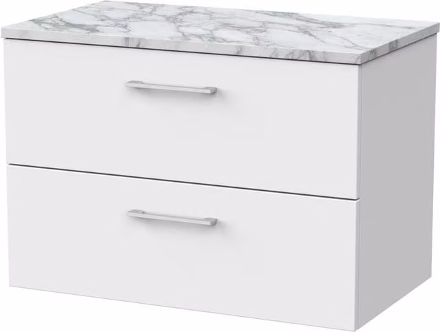 Balterley Pershall Modern Wall Mounted 2 Drawer Bathroom Vanity with Carrera Stone Top, Matt White, Width: 80 cm
