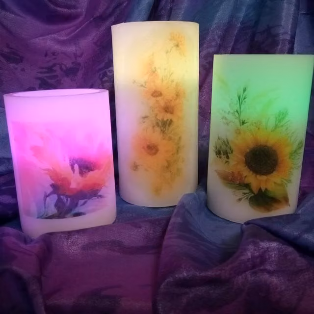 Viki Floral Flameless Pillar Candle Set with Remote Control and Timer in White and Multicolour