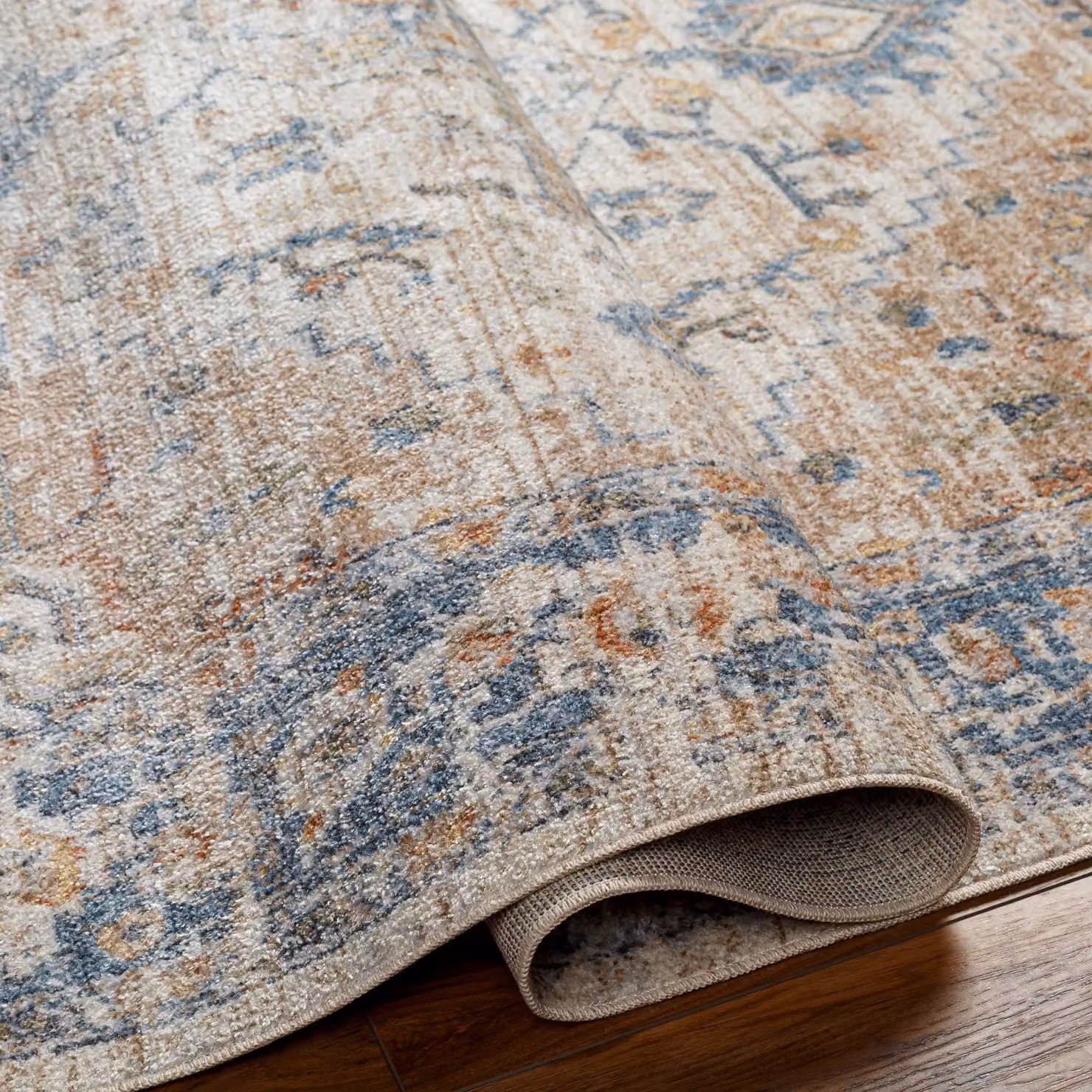 Livabliss Lilian Washable Vintage Boho Rectangular Rug in Blue and Brown, W/D/H: 90 x 60 x 0.35 cm – 2