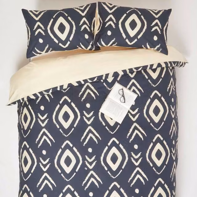 Homescapes Black Ethnic Graphic Cotton Percale Duvet Cover and Pillowcase Set