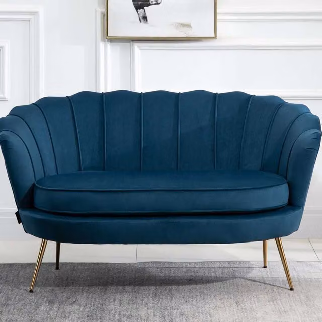 Birlea Ariel Two Seater Velvet Scallop Back Sofa in Blue and Gold