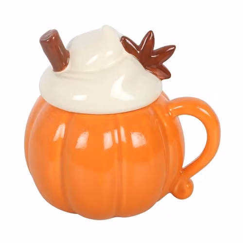 Something Different Wholesale Pumpkin Cream Ceramic Lidded Mug in Orange and Beige