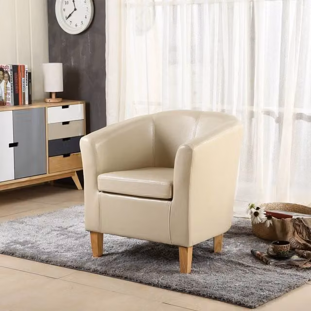 WestWood Modern Faux Leather Tub Chair in Ivory/Beige