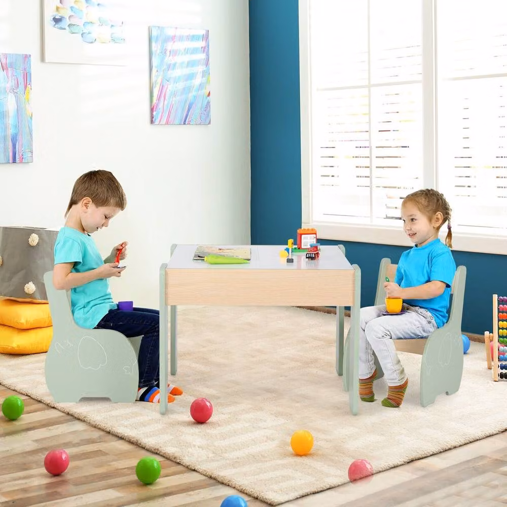 CASART 4-in-1 Kids Wooden Activity Table and 2 Chairs Set in Green – 2