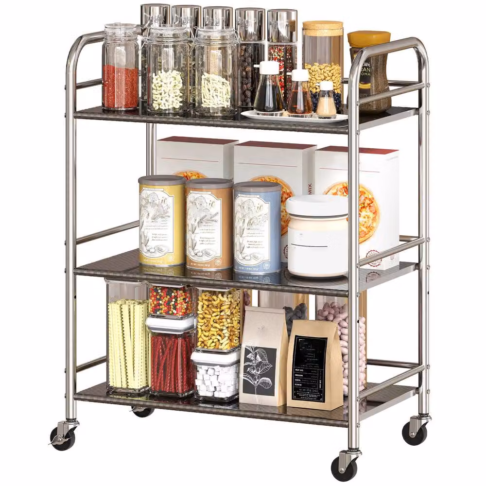 STILVORA Metal Storage Trolley with Adjustable Shelves in Silver, H 77 x W 60 x D 35 cm – 2