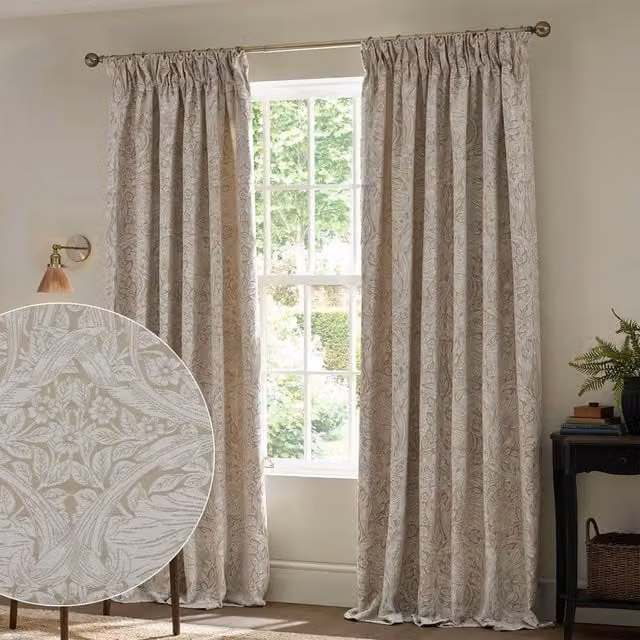 Morris & Co Pimpernel Jacquard Fully Lined Pencil Pleat Curtains in Beige, Width: 168 cm, Drop: 229 cm
