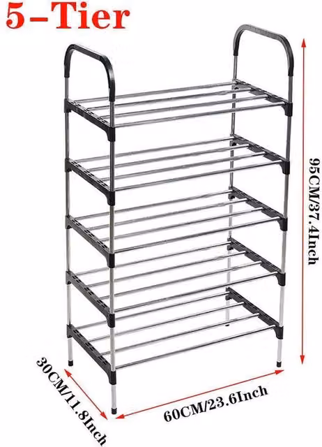 FORGEVIO 5-Layer Portable Black Metal and Plastic Shoe Rack Stand, Height: 95 cm