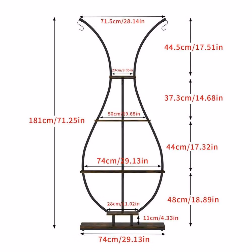 Kelvenix Large Industrial Metal and MDF Plant Stand Vase Shape Ladder Flower Shelf in Matt Brown – 2