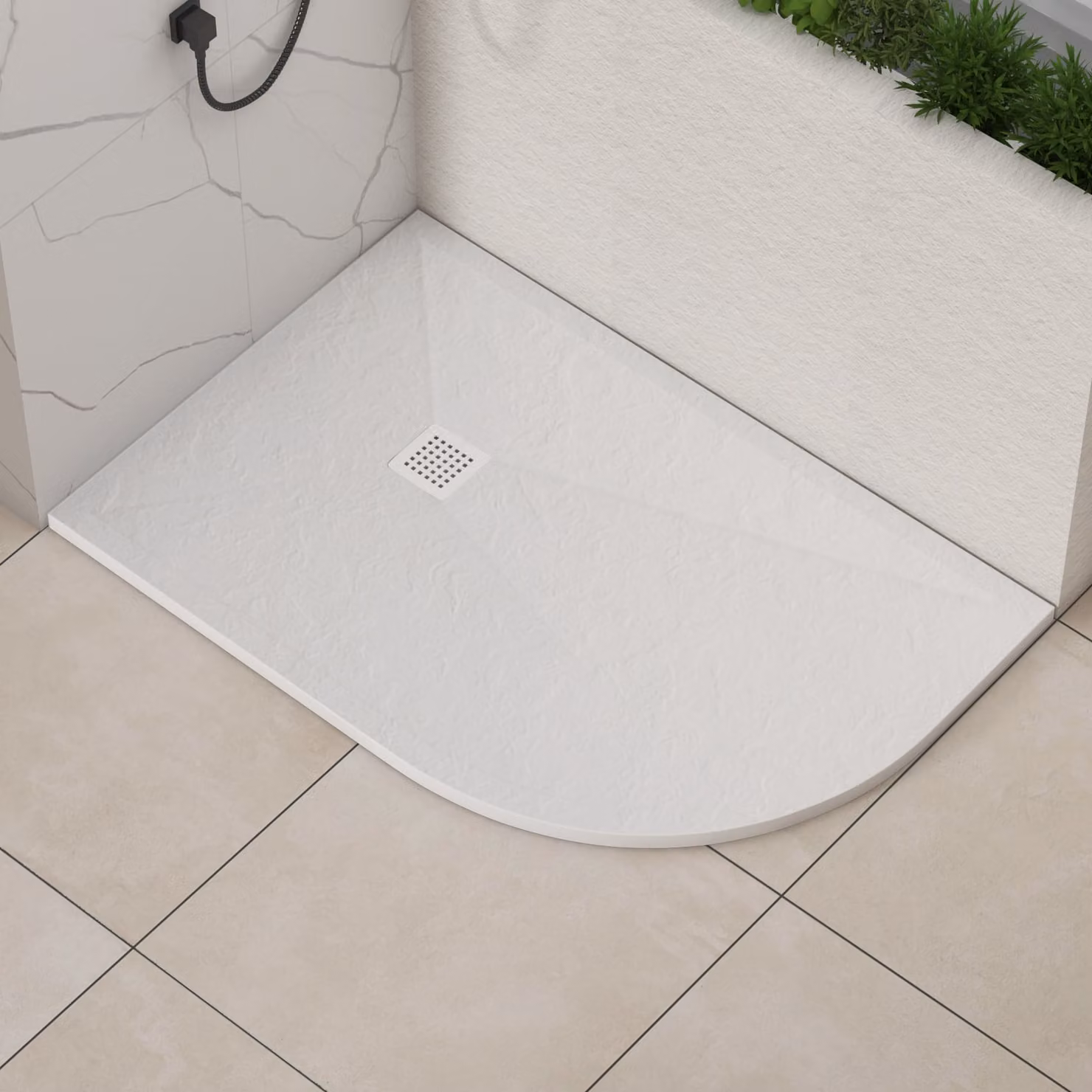 Luxor Offset Quadrant Stone Shower Tray, White Slate Effect, Right Handed, with White Grate, W/D/H: 120 x 80 x 3 cm