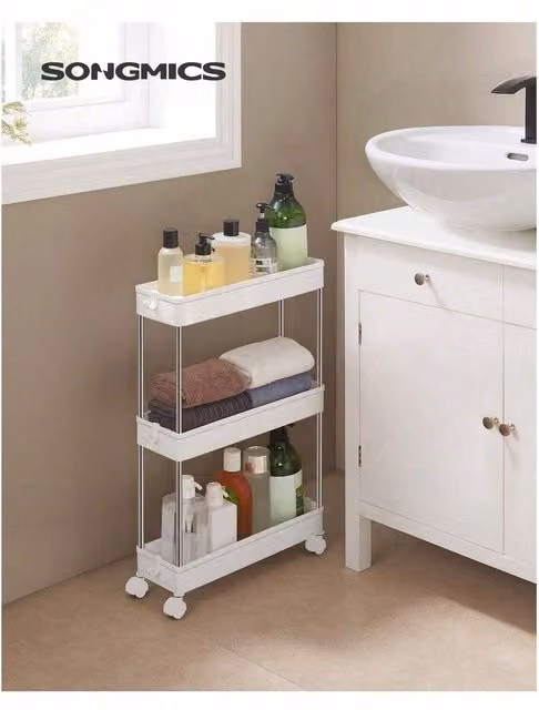 SONGMICS 3-Tier Metal Storage Trolley with Wheels, White