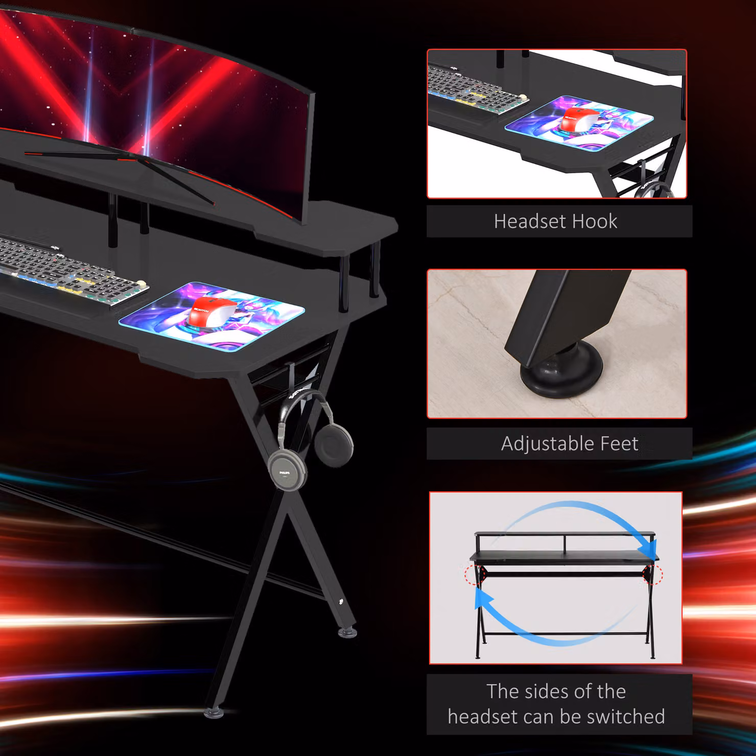HOMCOM Black Gaming Computer Desk with Curved Front and Headphone Hook for Home Office Use – 7