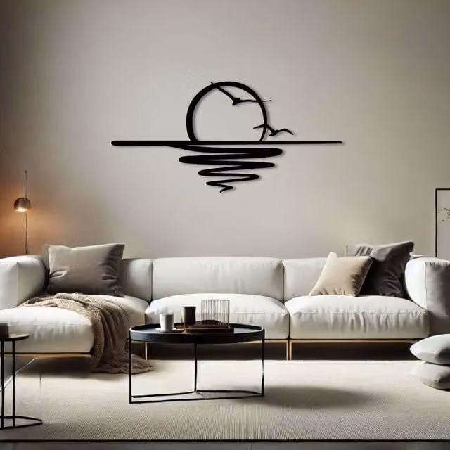 Decortie Black Metal Sun and Birds Wall Art, W: 120 cm, H: 58 cm