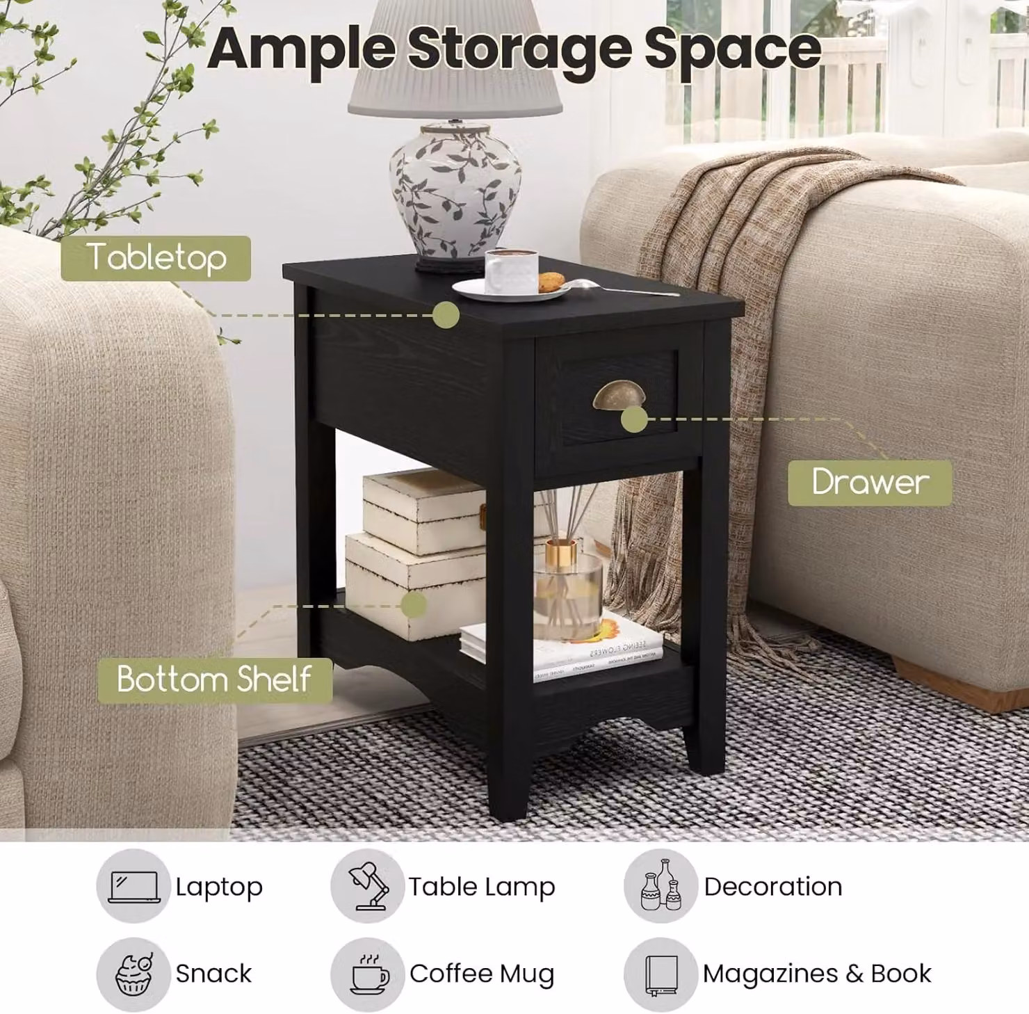 Gymax Retro Side Table and Nightstand with 1 Drawer and Solid Wood Legs in Black – 4