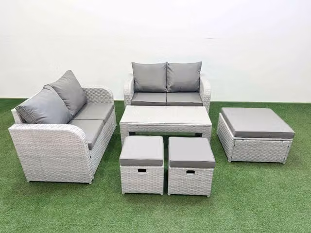 Fimous 7 Seater Rattan Garden Furniture Set in Light Grey with Outdoor Coffee Table and Ottoman