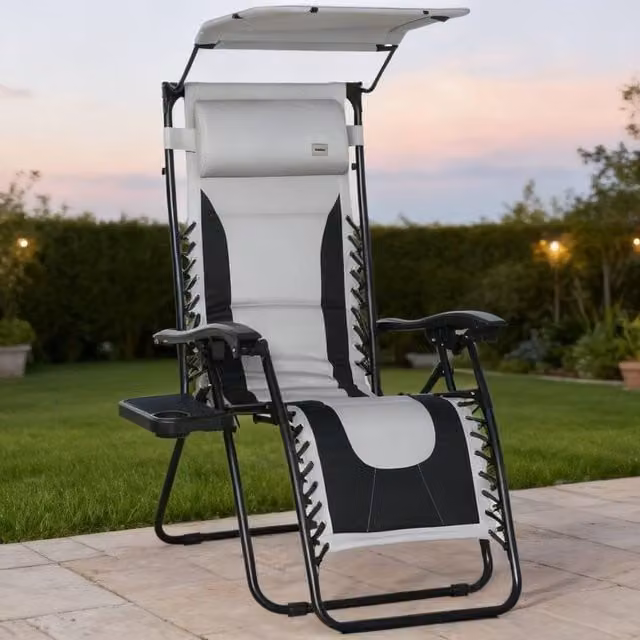 ERGOVEXA Zero Gravity Lounger Chair in Grey with Sun Canopy, Adjustable Headrest and Side Tray – 1
