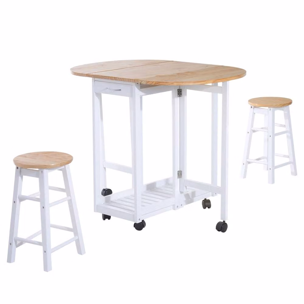 Wyld Haus Rasola White Drop Leaf Mobile Dining Table with 2 Stools, Drawers and Shelf – 2