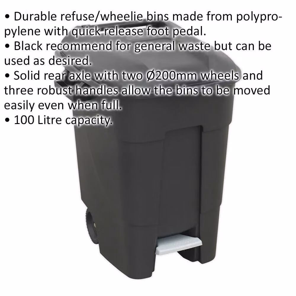 Loops 100 Litre Black Plastic Wheelie Bin with Foot Pedal and Two 200mm Wheels – 2