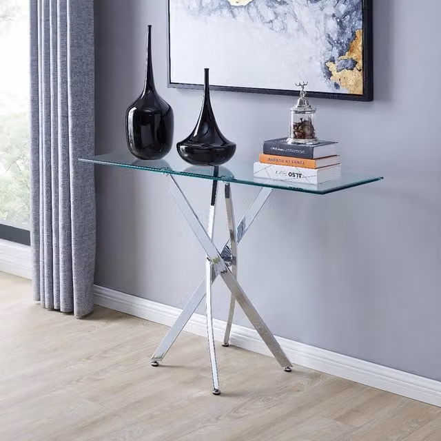 FurnitureboxUK Leonardo Rectangular Glass Console Table with Silver Metal X-Frame Legs
