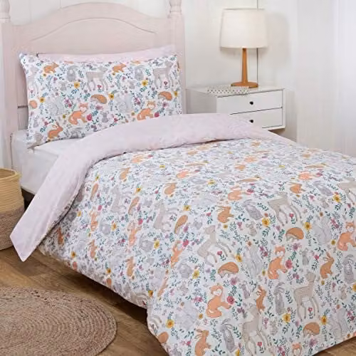 Sleepdown Enchanted Woodland Animals Reversible Kids Duvet Cover and Pillowcase Set, MultiColour Floral, Double (W/D/H: 200 x 200 cm) and Pillowcases (W/D/H: 50 x 75 cm)