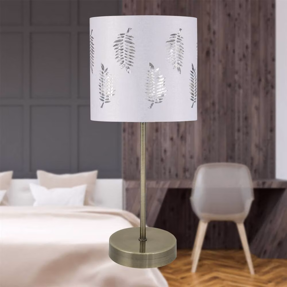 First Choice Lighting Antique Brass Stick Table Lamp with White Fern Fabric Shade in Bronze – 2