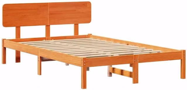 Berkfield Home Solid Pine Wood Bed Frame with Headboard in Wax Brown, W/D/H: 135 x 190 x 74 cm