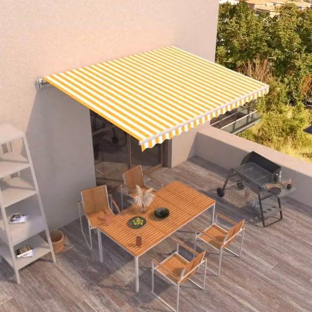 Berkfield Home Manual Retractable Folding Arm Awning in Yellow and White Striped Polyester with Aluminium Frame, W: 450 cm, D: 300 cm