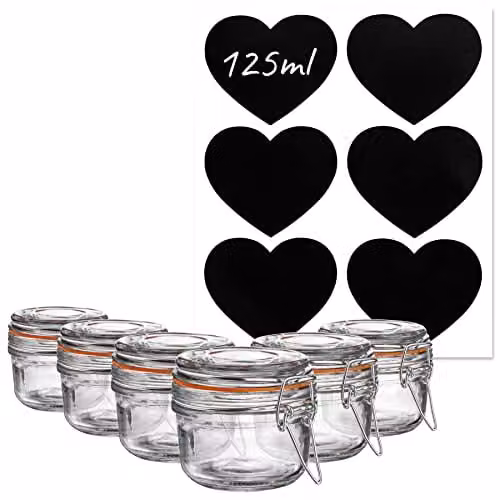 Argon Tableware Set of 6 Leakproof Glass Storage Jars with Clip Lids and Labels, 125ml, Transparent